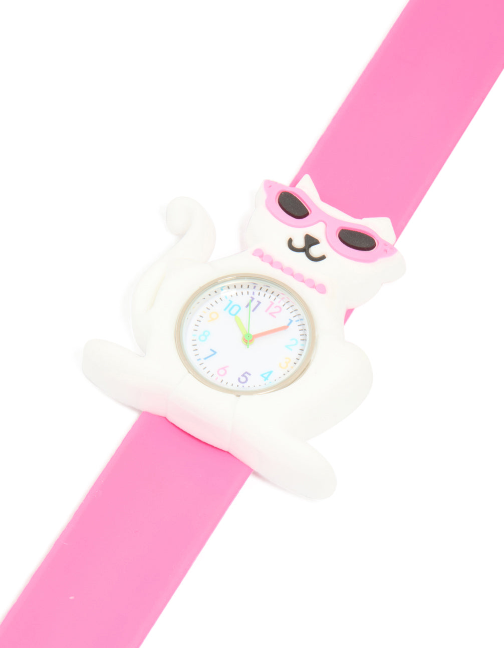 Playful kids slap watch featuring a cool cat design on white dial, round shape, analog display, silicone strap in pink for casual wear watch face detail view