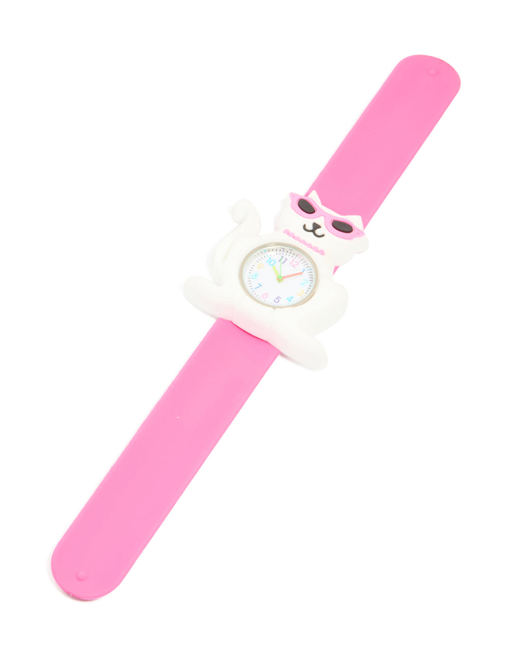 Charming kids timepiece with cool cat motif displaying numbers on white dial, round shape, analog functionality, silicone strap in pink for casual use on front view