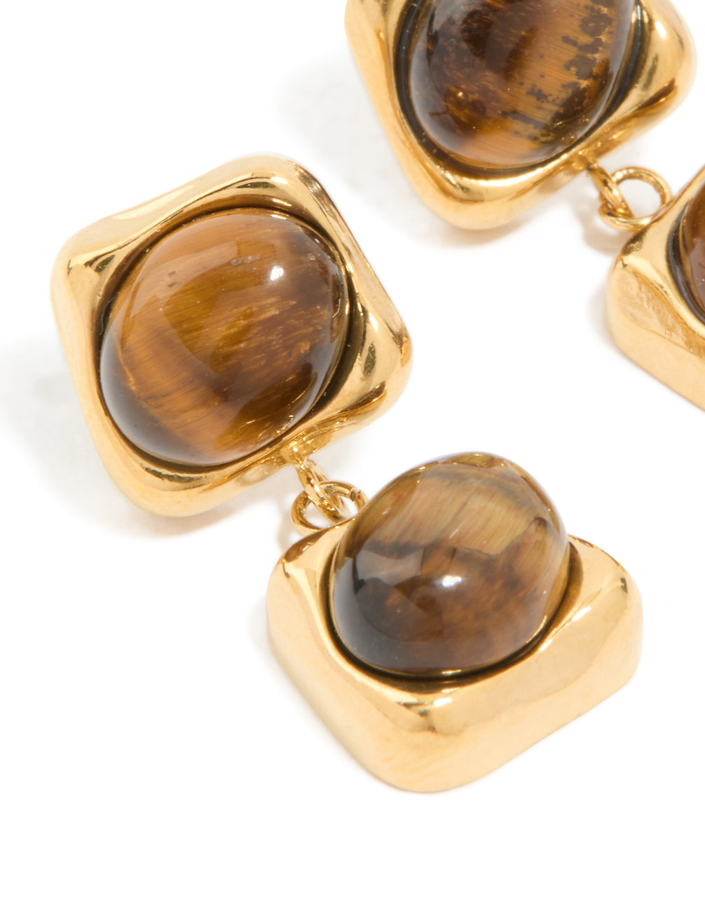Waterproof Gold Plated Stainless Steel Tigers Eye Semi Precious Stone Small Drop Earrings