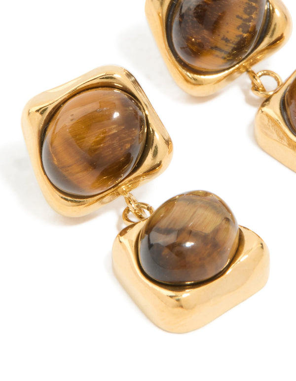 Waterproof Gold Plated Stainless Steel Tigers Eye Semi Precious Stone Small Drop Earrings