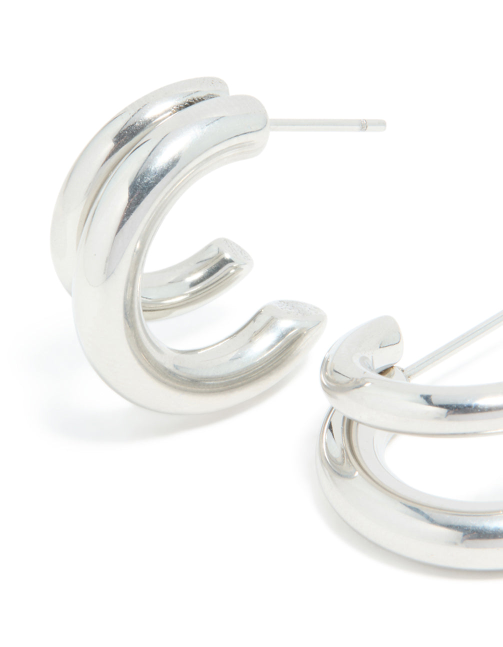 Presenting waterproof stainless steel double illusion open hoop earrings in chunky silver close up view
