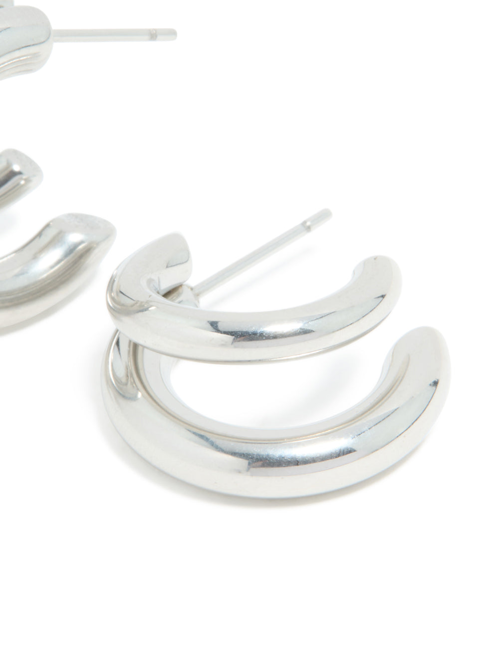 Highlighting waterproof stainless steel double illusion open hoop earrings in chunky silver post detail view