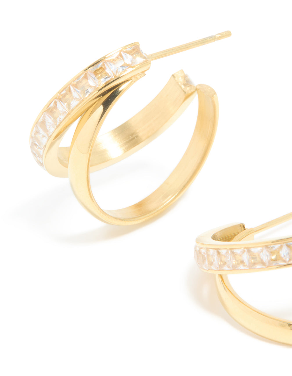 Designed with waterproof gold plated stainless steel and cubic zirconia in a statement style these double illusion hoop earrings in close up view