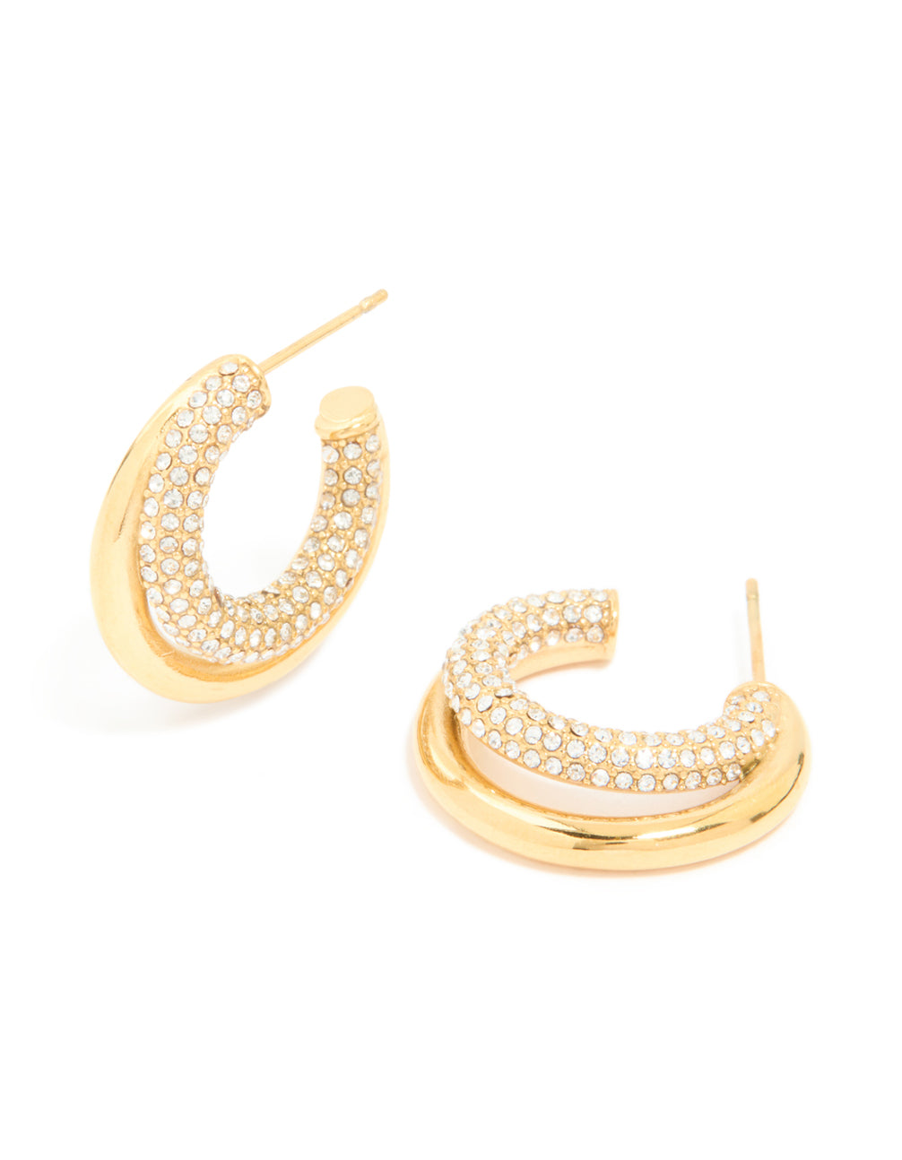 Showcasing waterproof statement hoop earrings crafted from gold plated stainless steel featuring cubic zirconia pave in a double large illusion design front view