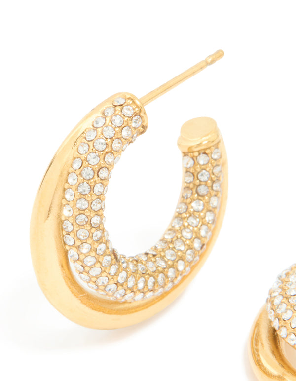 Waterproof Gold Plated Stainless Steel Cubic Zirconia Pave Double Large Illusion Hoop Earrings