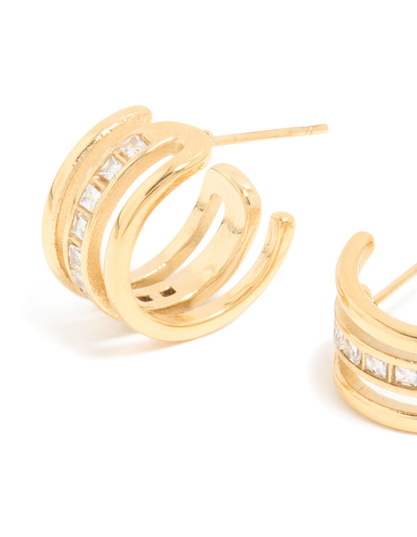 Designed with waterproof gold plated stainless steel cubic zirconia illusion hoop earrings showing multi-band structure close up view