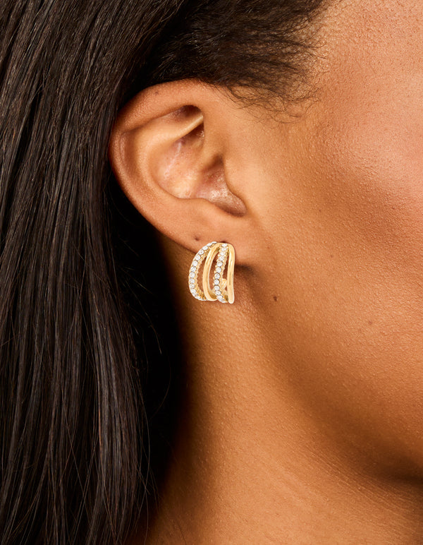Waterproof Gold Plated Stainless Steel Cubic Zirconia Pave 4-Row Illusion Hoop Earrings
