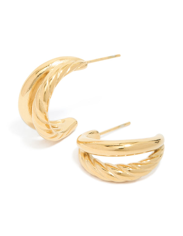 Waterproof Gold Plated Stainless Steel Ribbed Illusion Hoop Earrings
