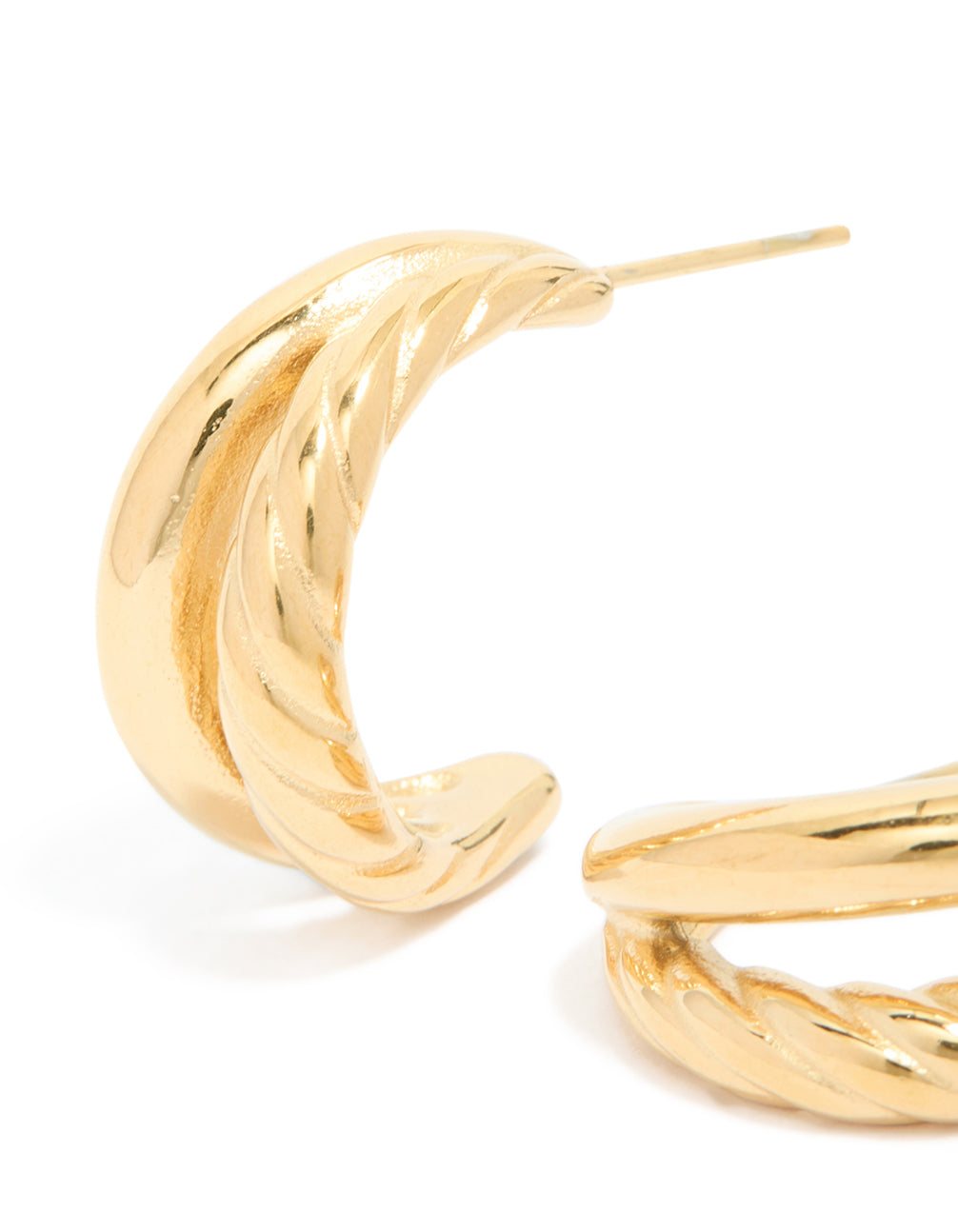 Crafted from waterproof gold plated stainless steel ribbed illusion hoop earrings in gold close up view