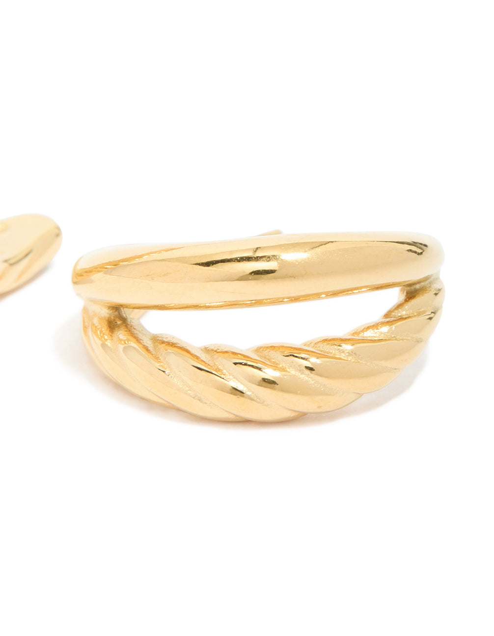 Presenting waterproof gold plated stainless steel ribbed illusion hoop earrings in gold post detail view