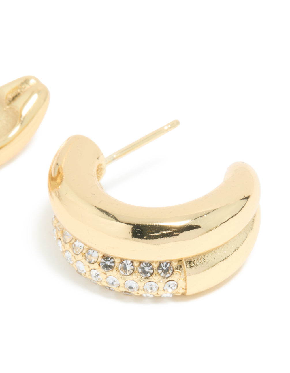 Presenting waterproof gold plated stainless steel cubic zirconia pave statement hoop earrings post detail view