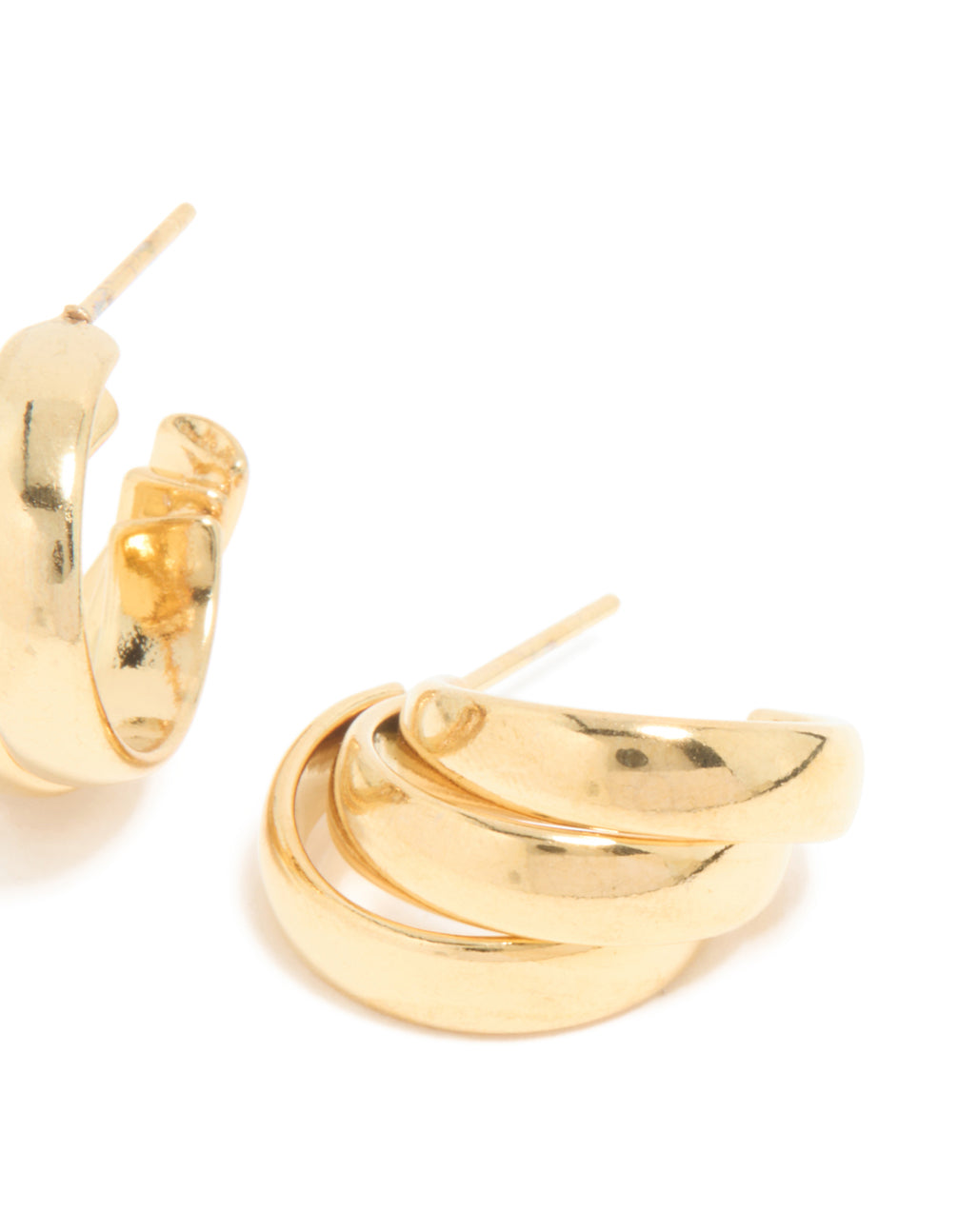 Designed with waterproof gold plated stainless steel triple wrapped illusion hoop earrings in statement style post detail view