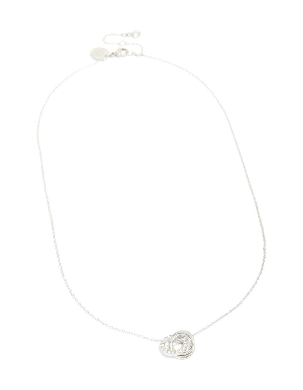 A waterproof stainless steel cubic zirconia triple circle link necklace with heart detail in silver front view