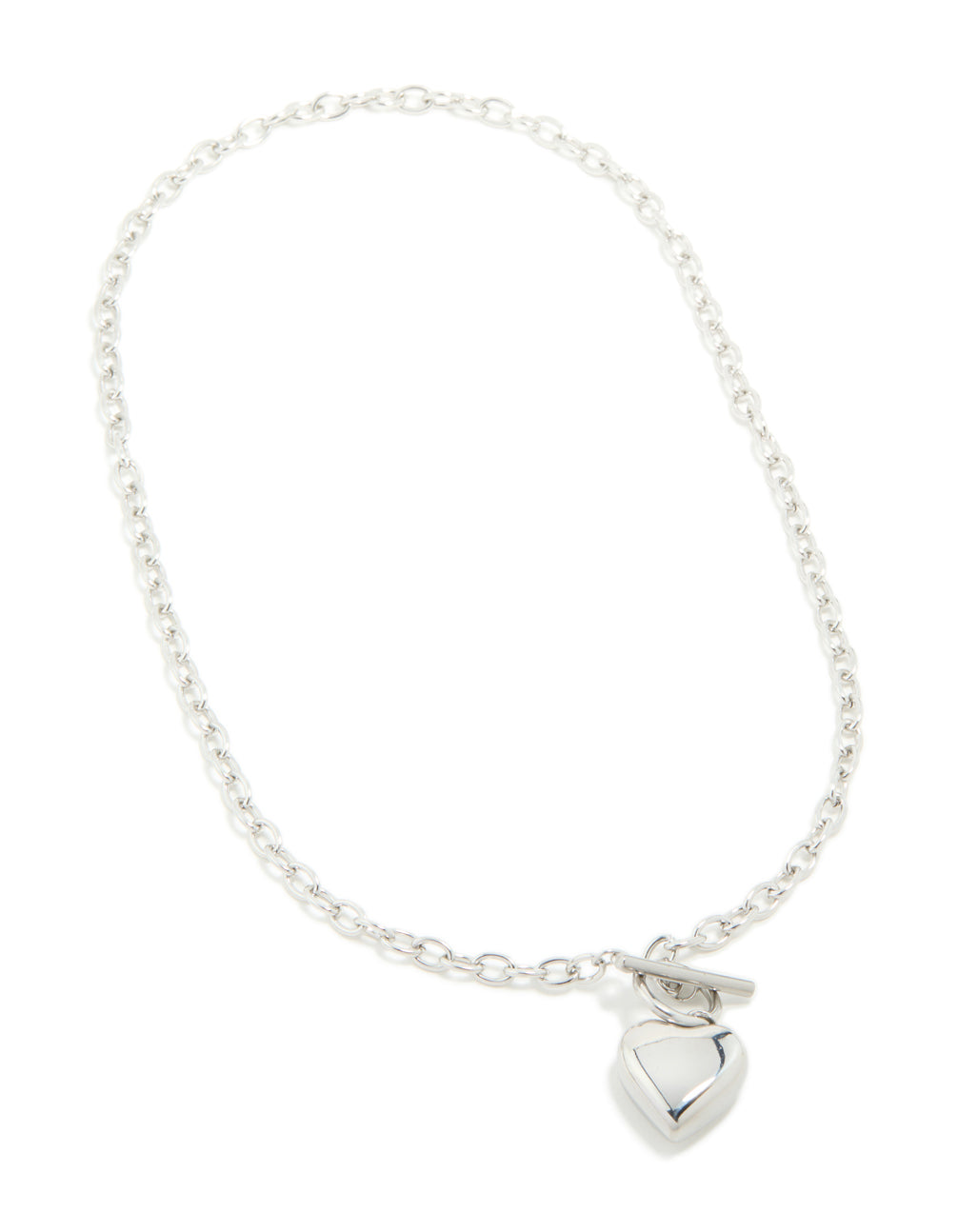 Elegant waterproof stainless steel chunky heart T & O necklace in silver front view