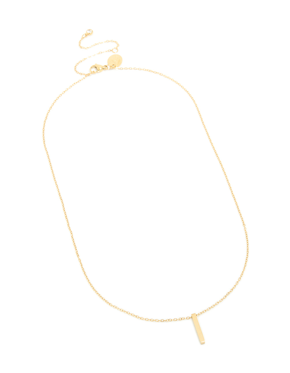 Presenting a waterproof bar pendant necklace in stainless steel with engravable pillar design and gold plated finish front view