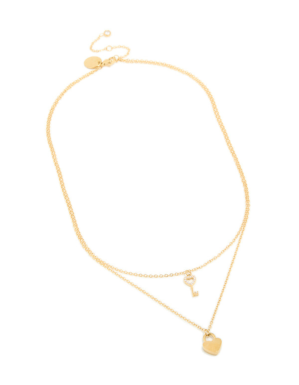 Waterproof Gold Plated Stainless Steel Key & Heeart Lock Layered Necklace