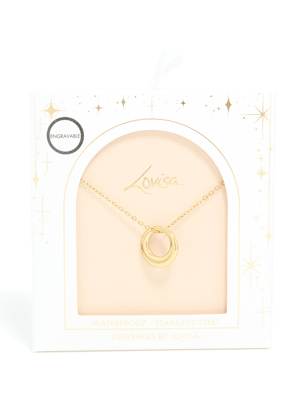Featuring a waterproof disc pendant necklace in gold plated stainless steel close up view