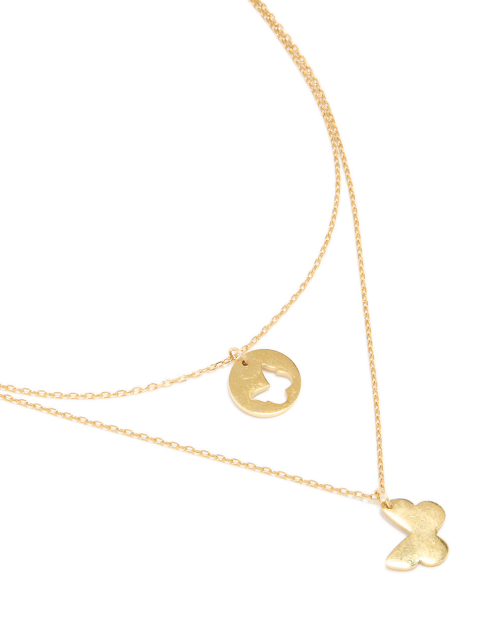 Showcasing a waterproof gold plated stainless steel BFF butterfly layered necklace with disc feature close up view
