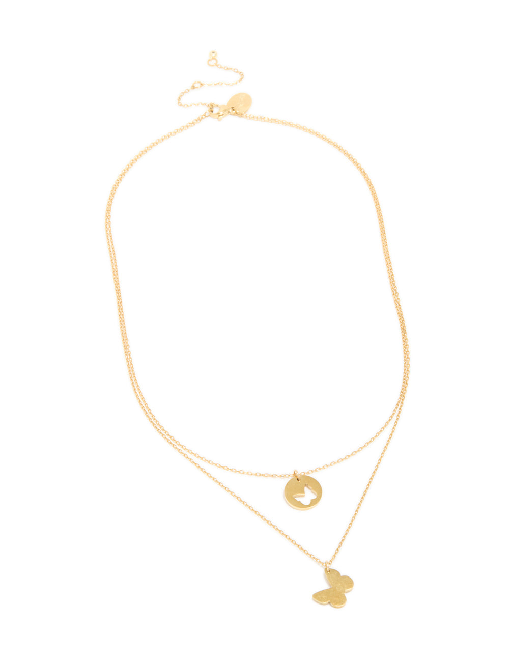 Discover a waterproof gold plated stainless steel BFF butterfly layered necklace with disc feature front view