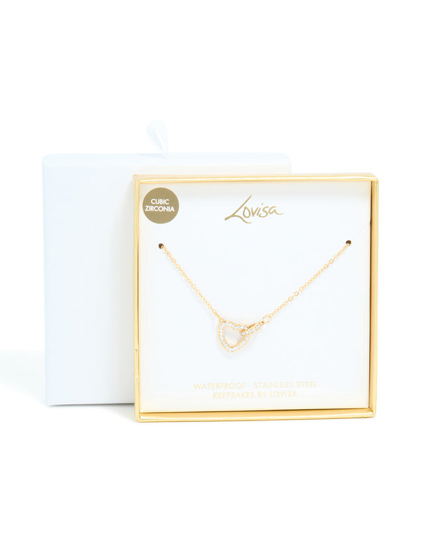 Waterproof Gold Plated Stainless Steel Cubic Zirconia Hollow Heart Necklace