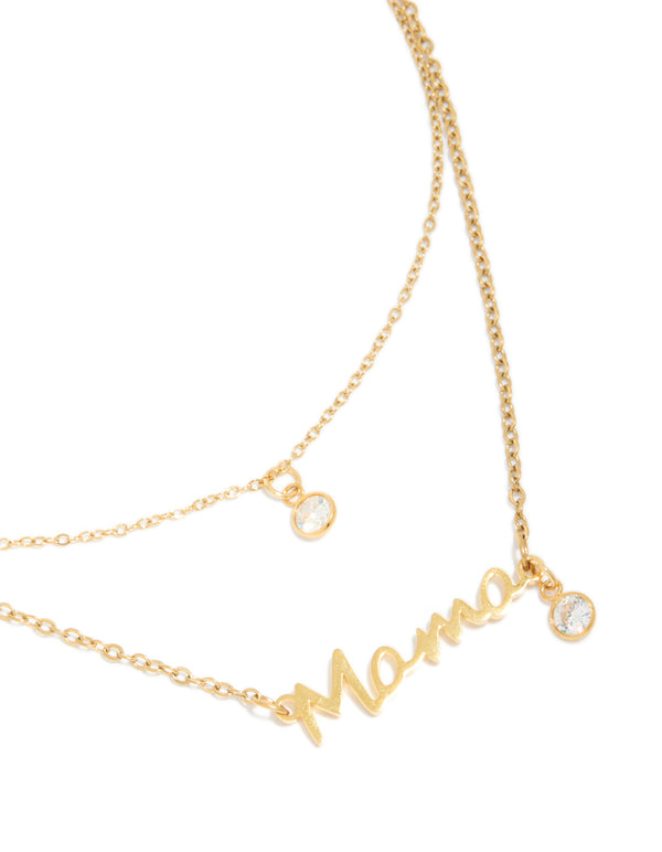 Featuring a waterproof layered necklace with script styling, stainless steel construction, gold plated finish, cubic zirconia stones, solitaire cut, and crystal details close up view