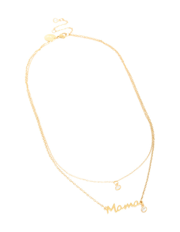 Showcasing a waterproof layered necklace with script styling, stainless steel construction, gold plated finish, cubic zirconia stones, solitaire cut, and crystal details front view
