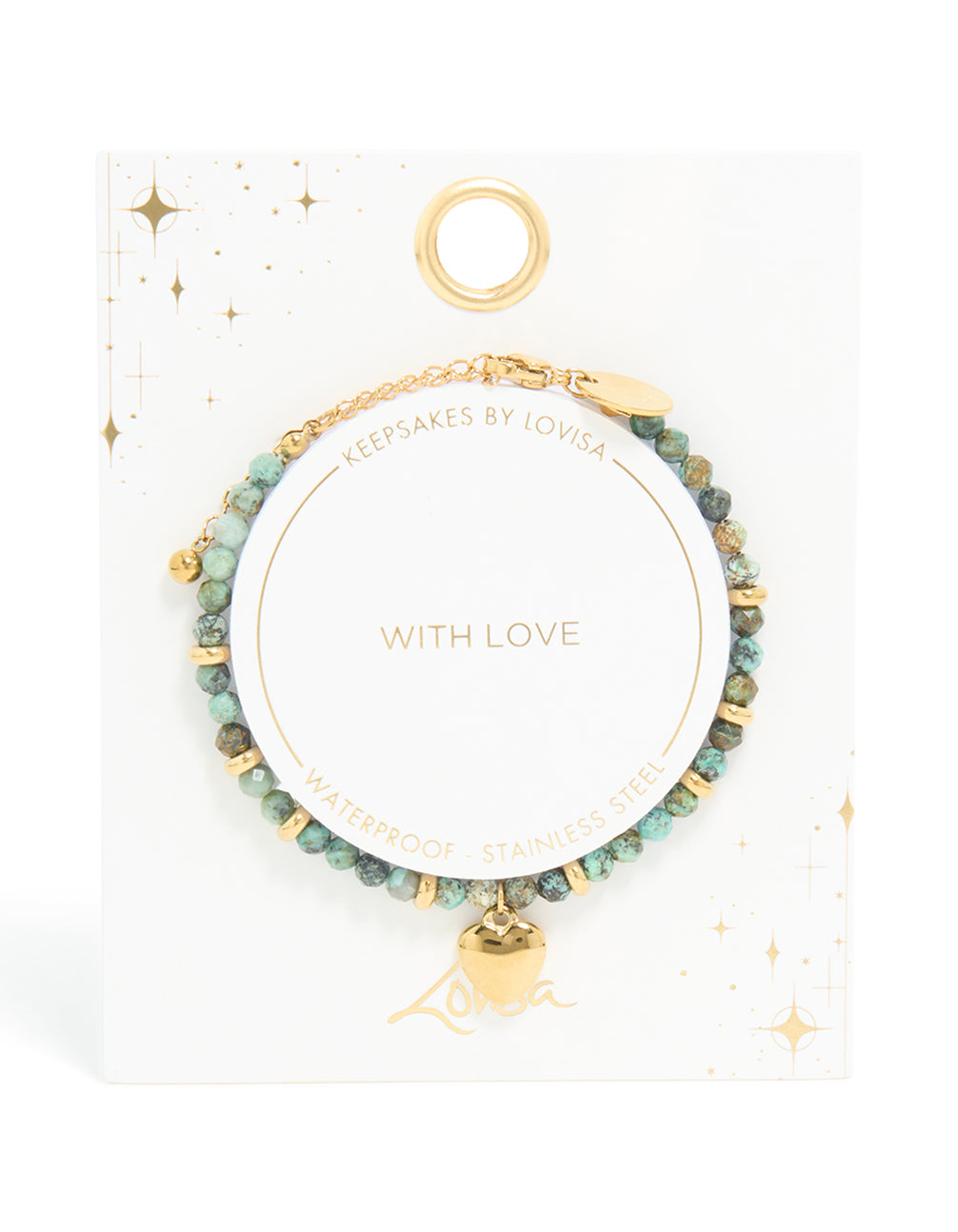 Highlighting a waterproof beaded, heart bracelet in turquoise semi precious stone with gold plated stainless steel and dainty design closure detail view