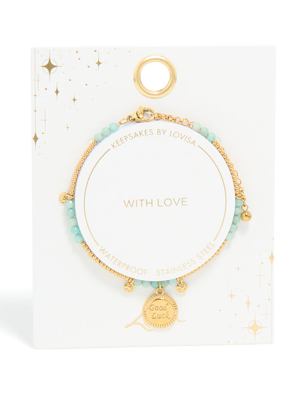 Waterproof Gold Plated Stainless Steel Aquamarine Semi Precious Lucky Bracelet