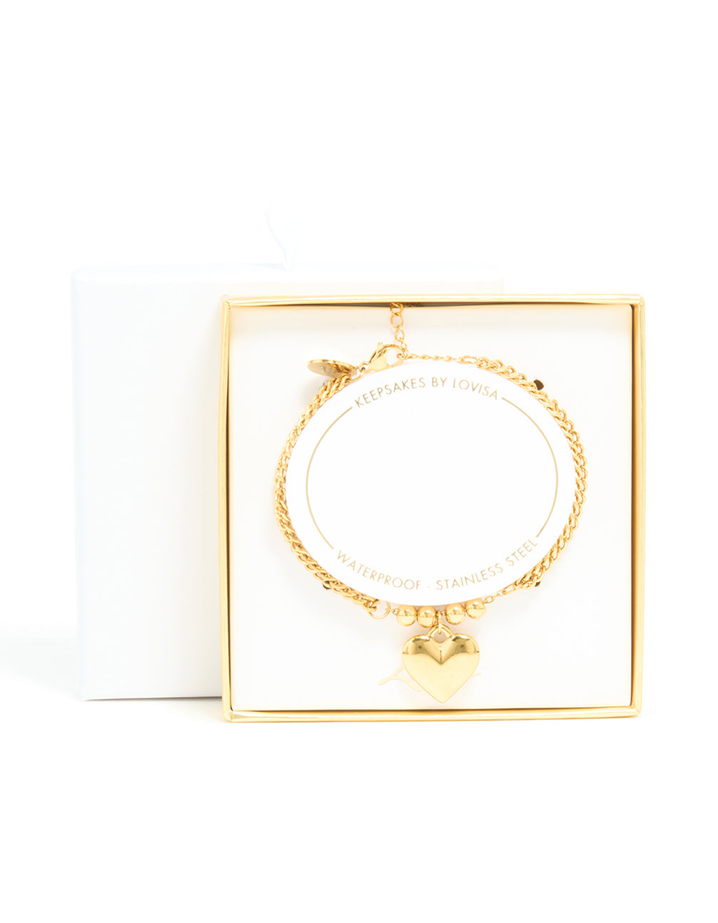 Crafted from waterproof gold plated stainless steel heart double row bracelet with beads closure detail view