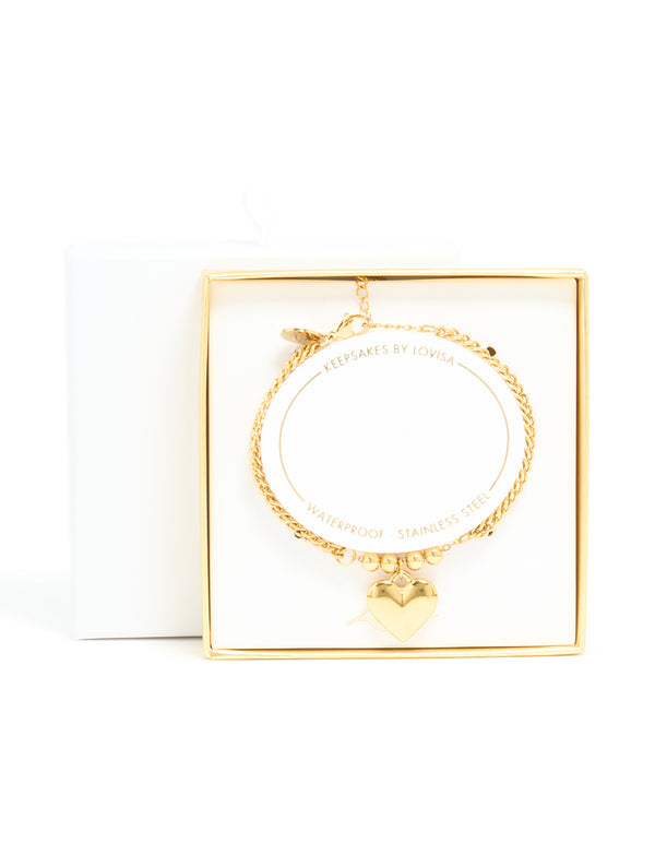 Waterproof Gold Plated Stainless Steel Heart Charm Double Row Bracelet
