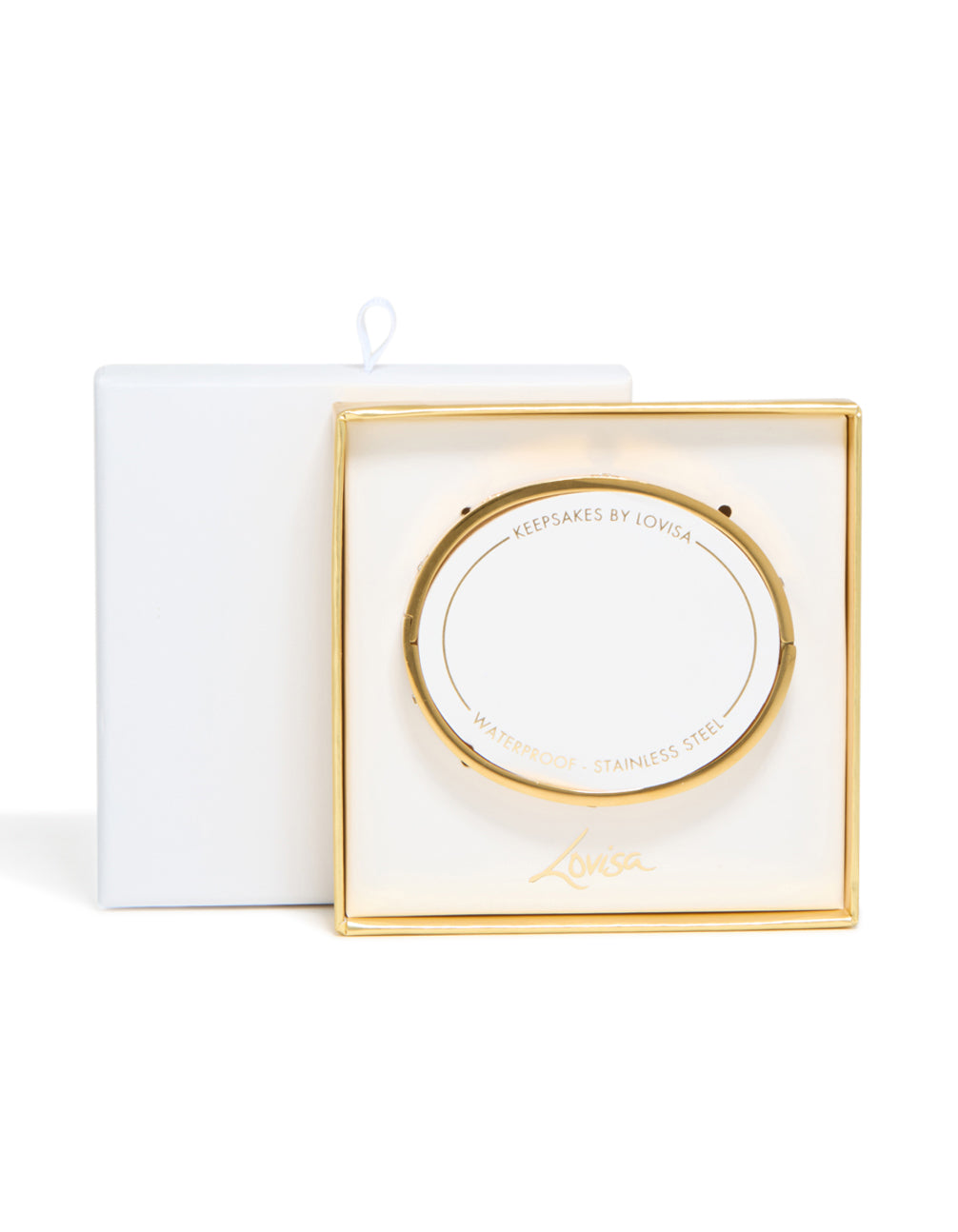 A waterproof gold plated stainless steel cubic zirconia flower bangle presented in branded packaging closure detail view