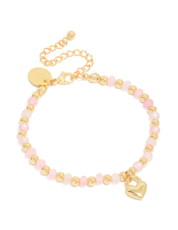 Waterproof Gold Plated Stainless Steel & Pink Beaded Heart Charm Bracelet
