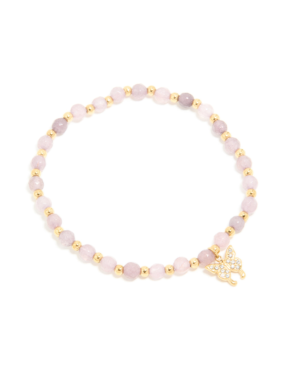 Discover a waterproof gold plated stainless steel amethyst semi precious stone butterfly stretch bracelet featuring beads front view