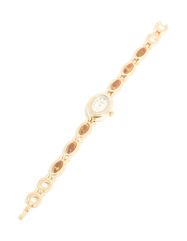 Gold Tigers Eye Semi Precious Stone Band Watch
