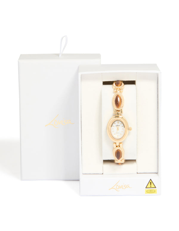 Gold Tigers Eye Semi Precious Stone Band Watch