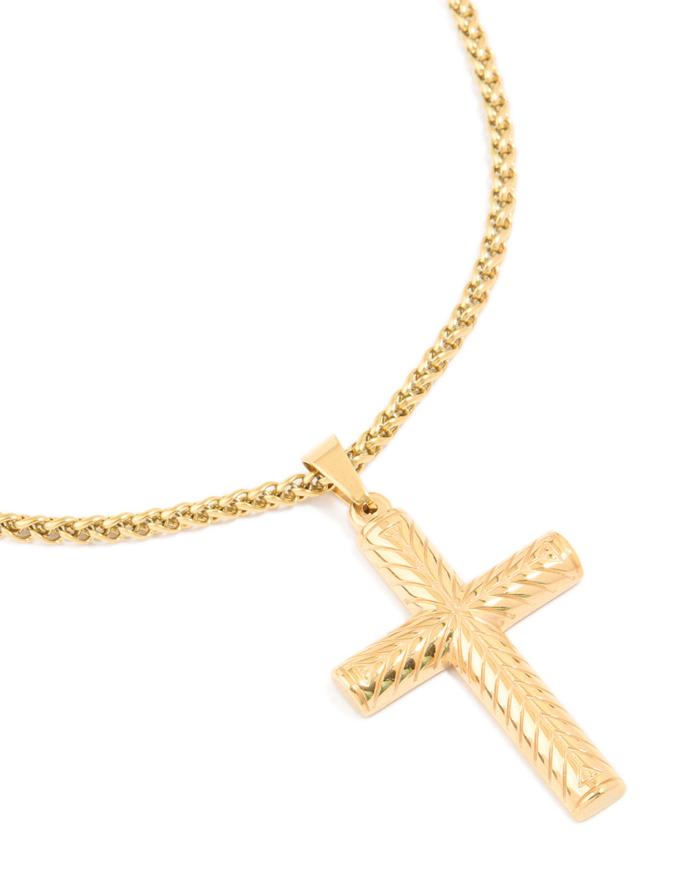 Mens Waterproof Gold Plated Stainless Steel Detailed Cross Pendant Necklace