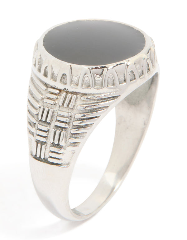 Mens Waterproof Stainless Steel Black Enamel Signet Ring