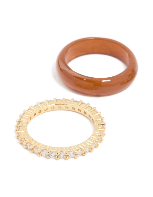 Brown Acrylic & Cubic Zirconia Rings 3-Pack