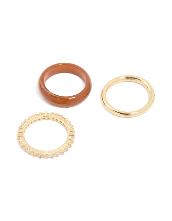 Brown Acrylic & Cubic Zirconia Rings 3-Pack
