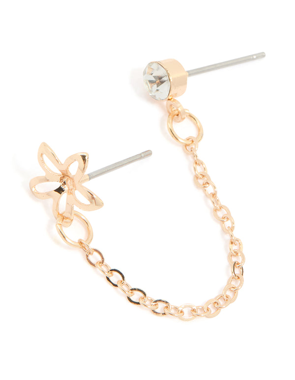 Gold Diamante Flower Chain Doubel Drop Earring