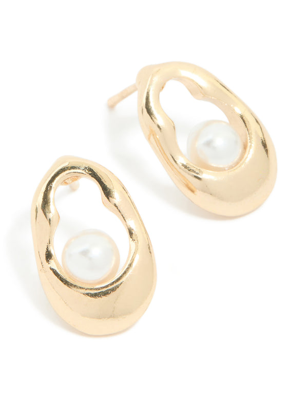 Gold Pearl Open Oval Stud Earrings