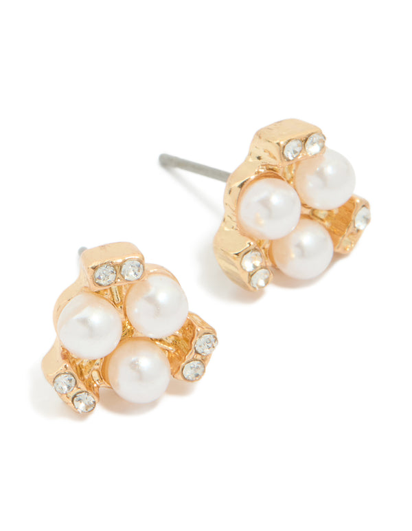 Gold Pearl Diamante Cluster Stud Earrings
