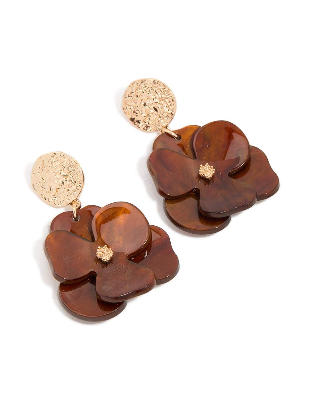 Gold Crinkled & Brown Flower Drop Earrings