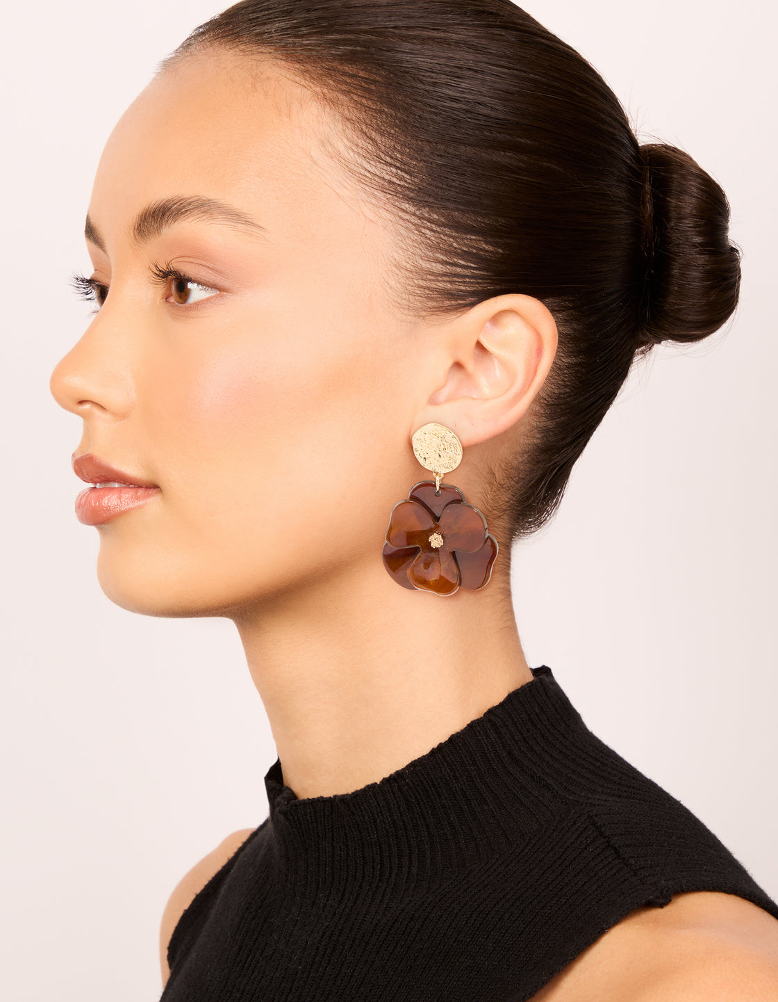 Gold Crinkled & Brown Flower Drop Earrings