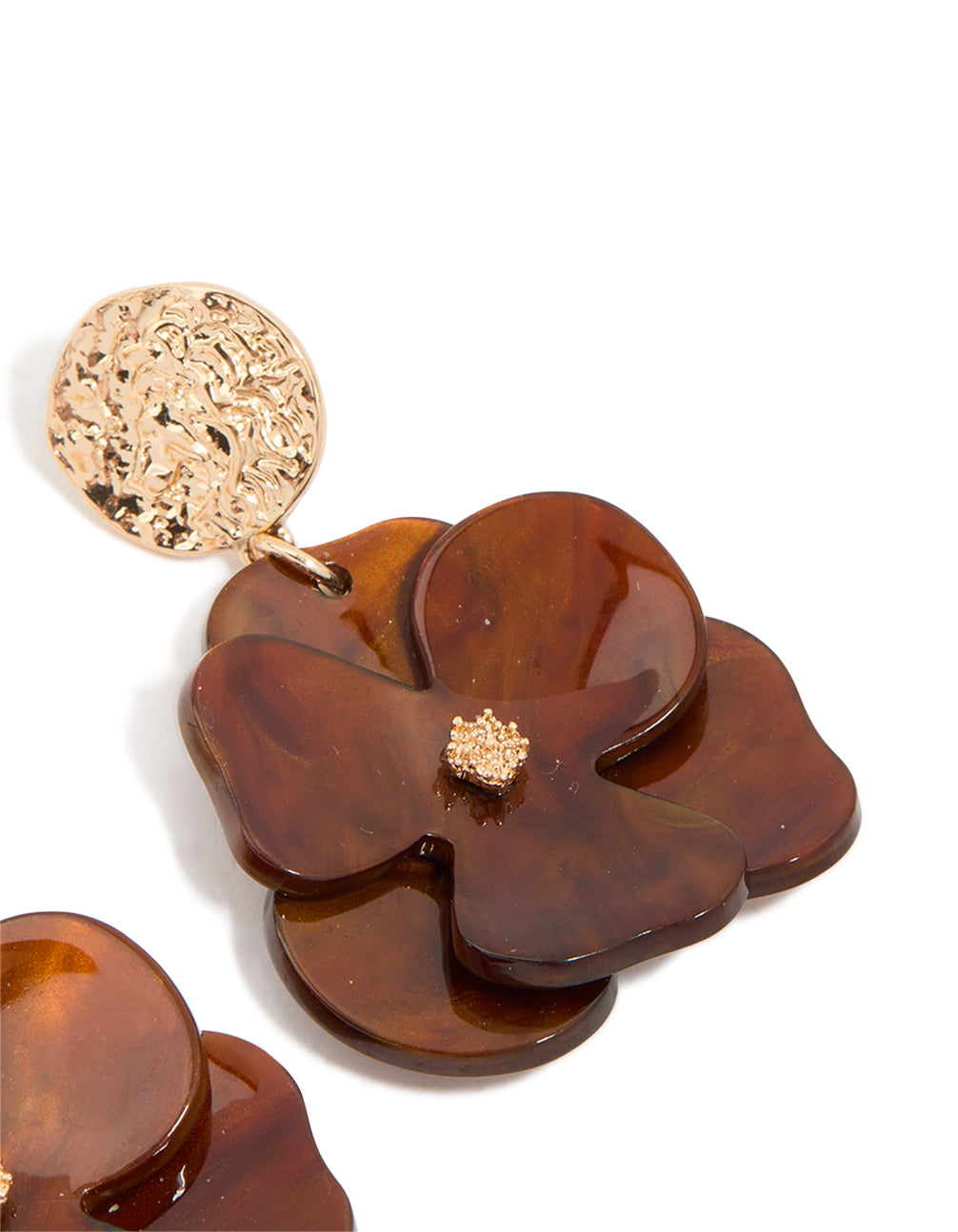 Gold Crinkled & Brown Flower Drop Earrings