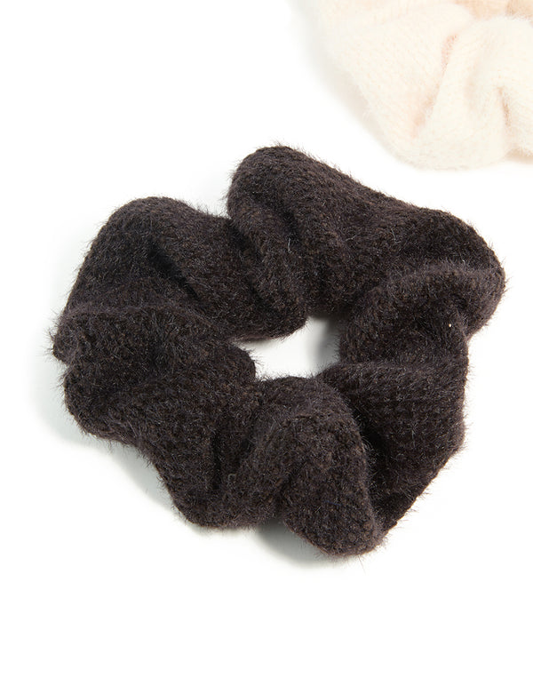 Cream & Dark Brown Textured Fluffy Fabric Scrunchies 2-Pack