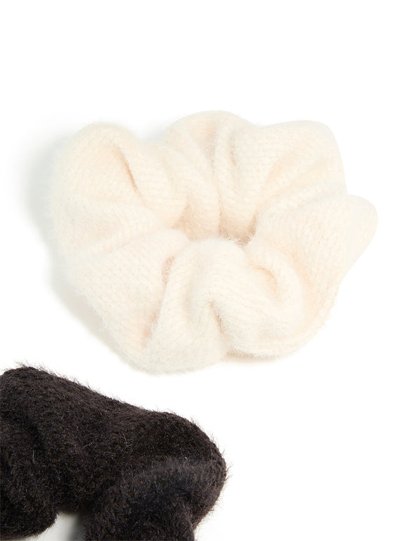Cream & Dark Brown Textured Fluffy Fabric Scrunchies 2-Pack