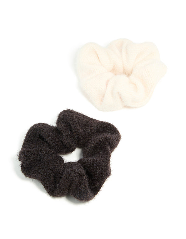 Cream & Dark Brown Textured Fluffy Fabric Scrunchies 2-Pack
