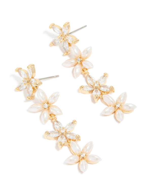 Gold Pearl & Cubic Zirconia Flower Drop Earrings