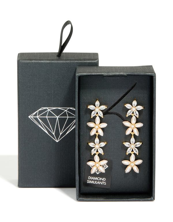 Gold Pearl & Cubic Zirconia Flower Drop Earrings
